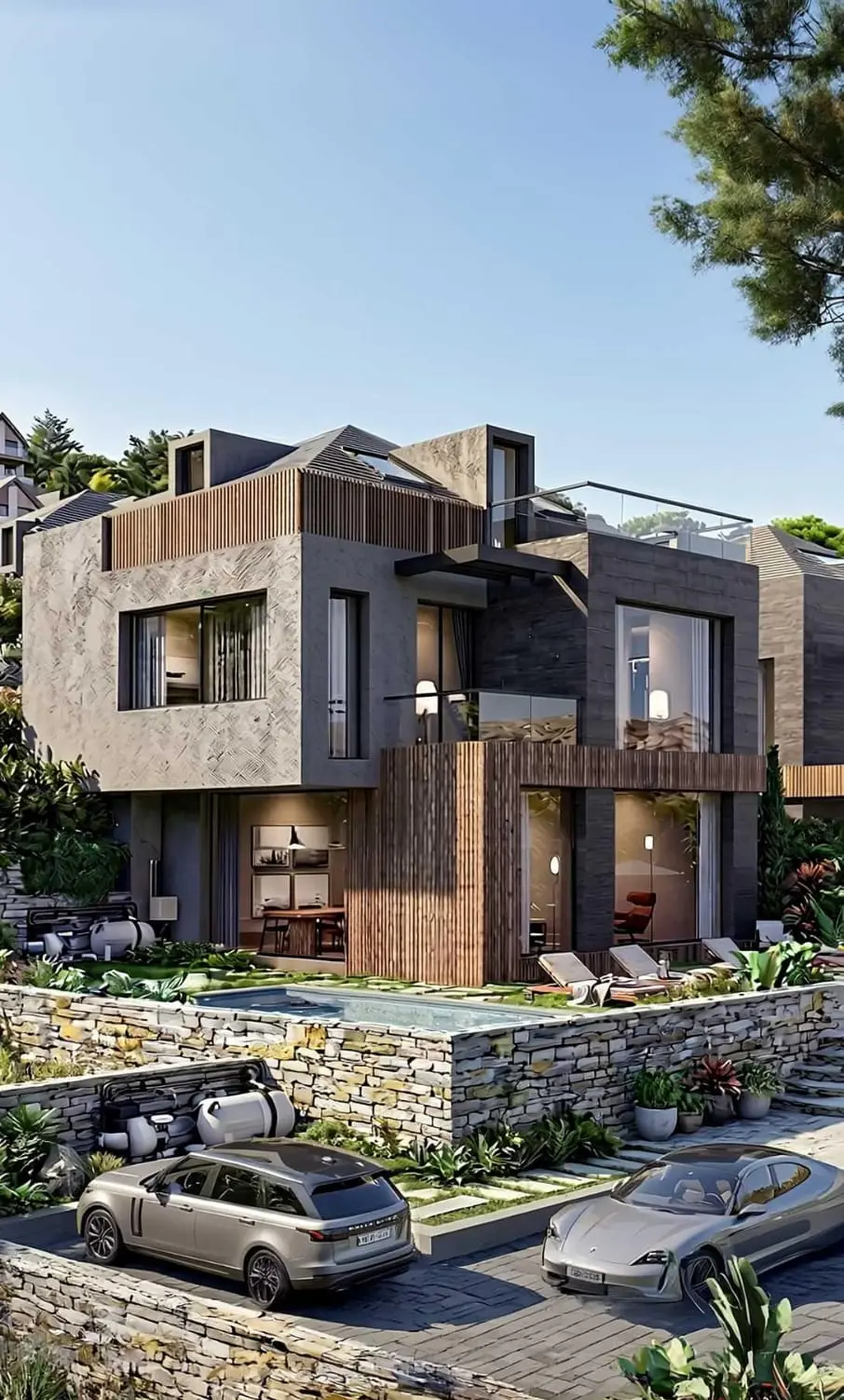 Rendering of a stone and timber villa with terraces and parking