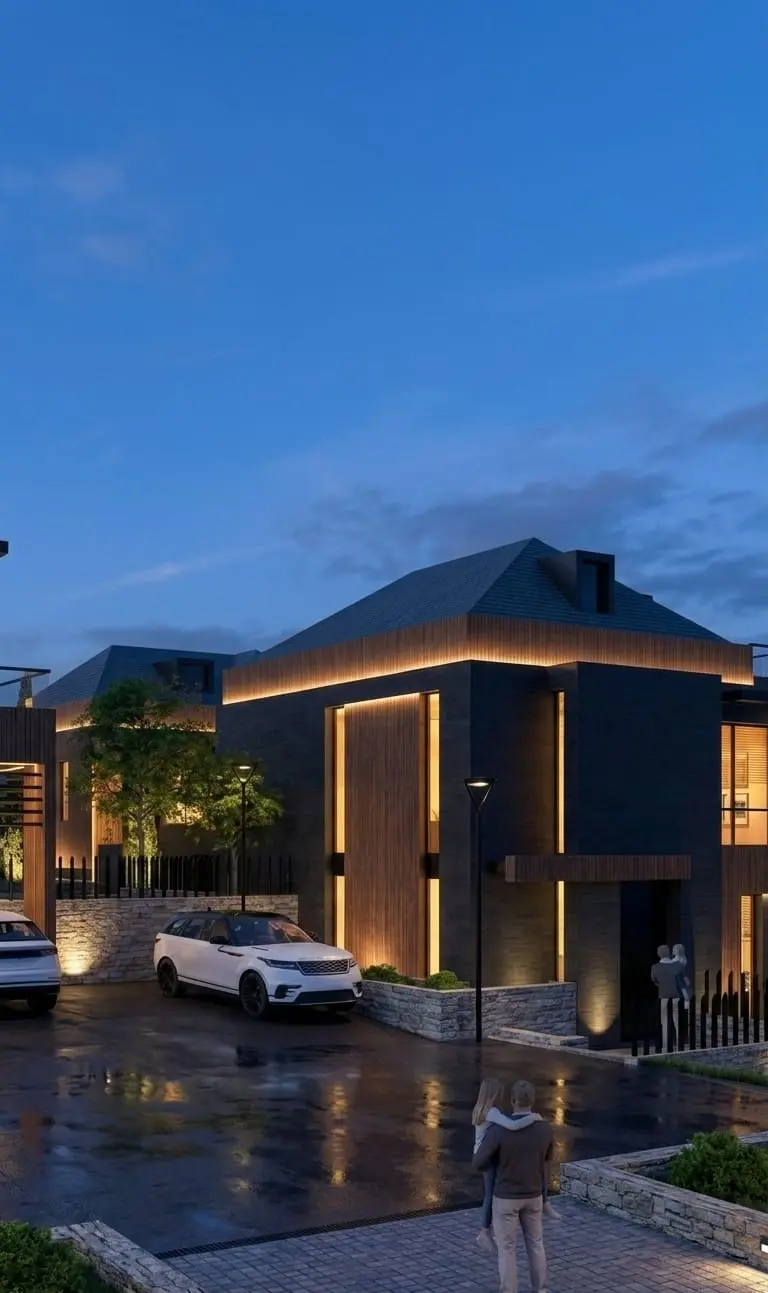 Rendering of a villa entrance at night with lit facade