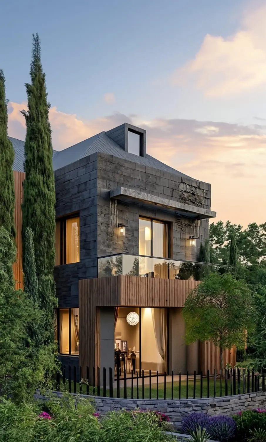 Rendering of a villa at sunset framed by cypress trees