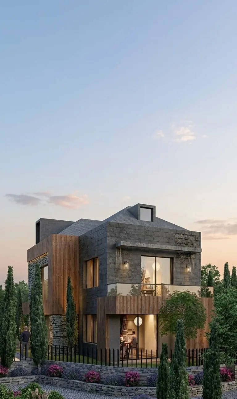 Rendering of a villa with stone cladding at golden hour