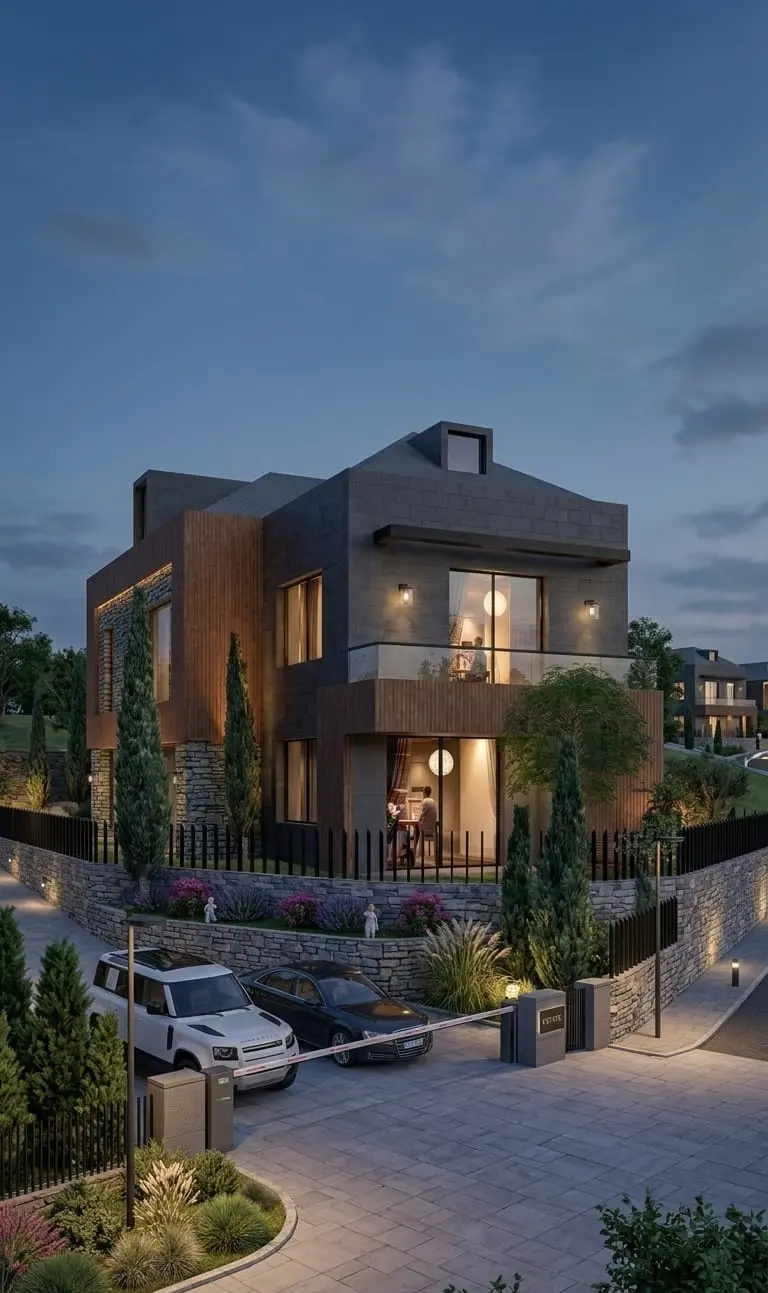 Rendering of a villa driveway and garden at dusk