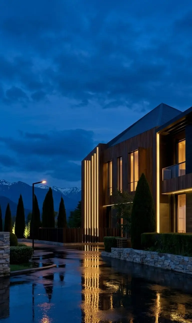 Rendering of the villas reflected in rain at night