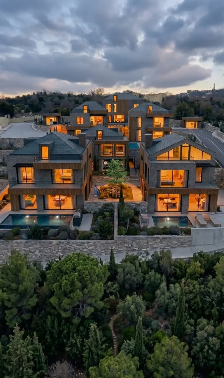 Aerial rendering of the villa cluster at dusk among pine trees